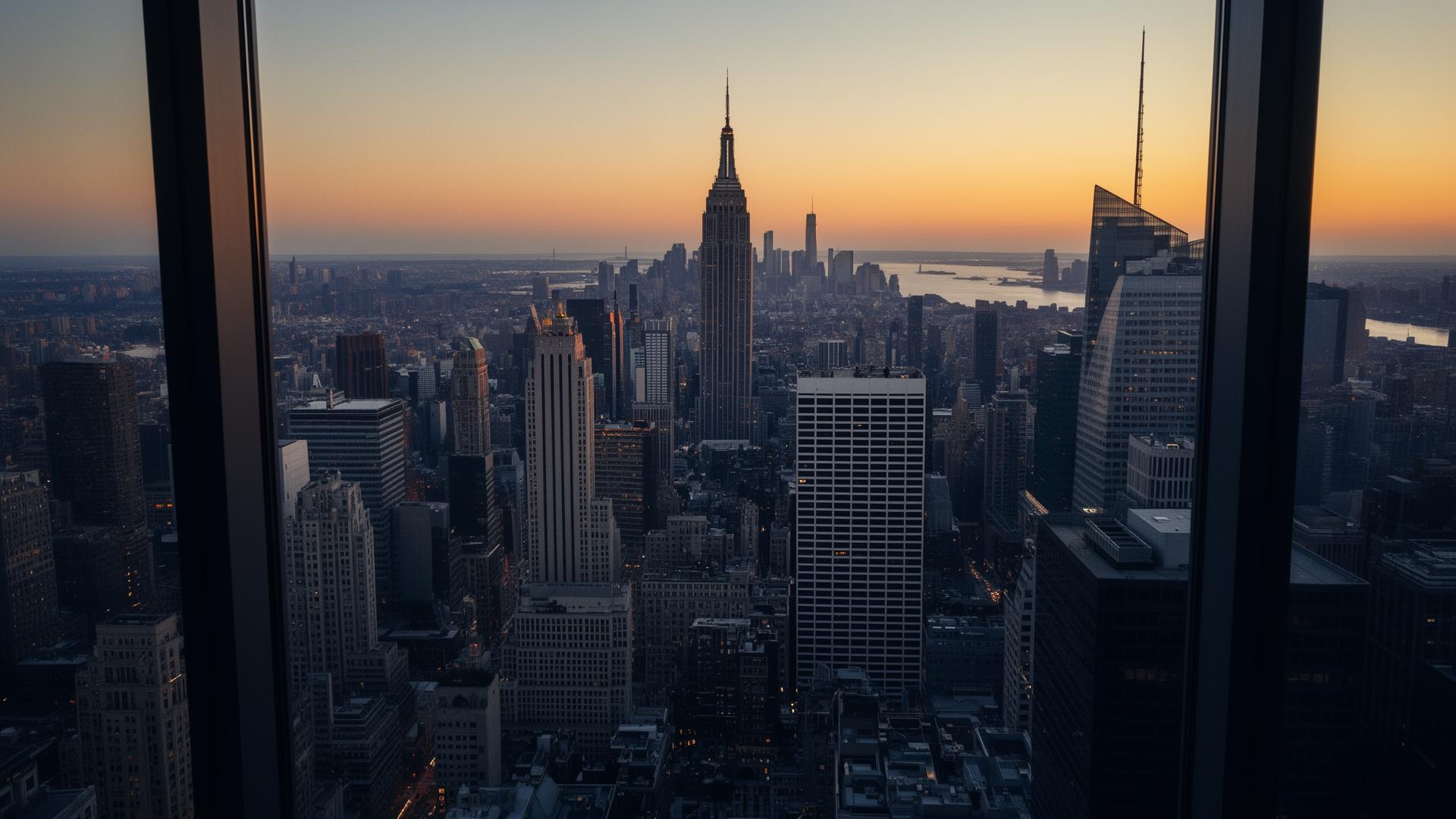 Manhattan skyline at dusk seen from a Midtown office